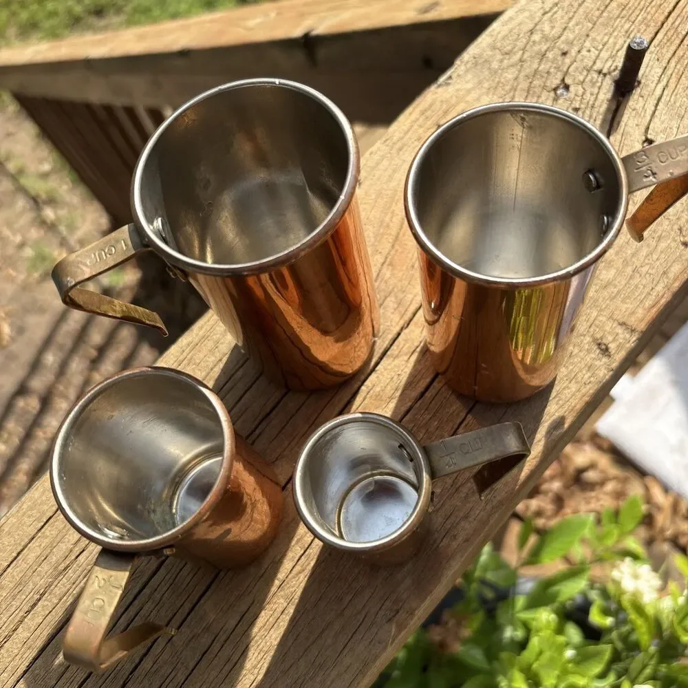 4 Vtg Copper Brass Handle Tall Stacking Measuring Liquid Cups Rustic Farmhouse